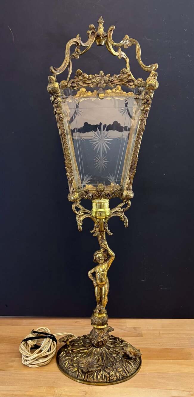 Pendant Lantern Etched Art Glass Ceiling Light Brass Vintage -